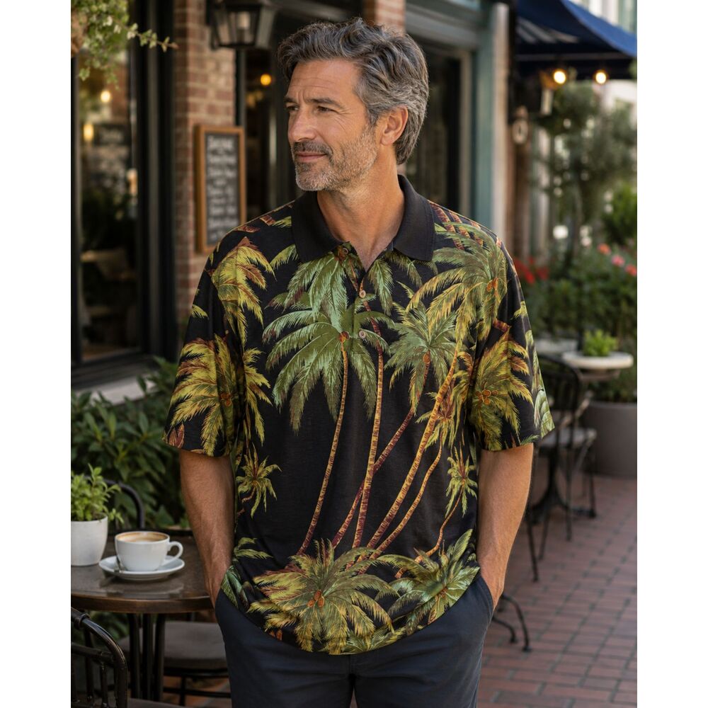 Tommy Bahama 100% Silk Palm Tree Hawaiian Polo Shirt Men's Medium Black Tropical